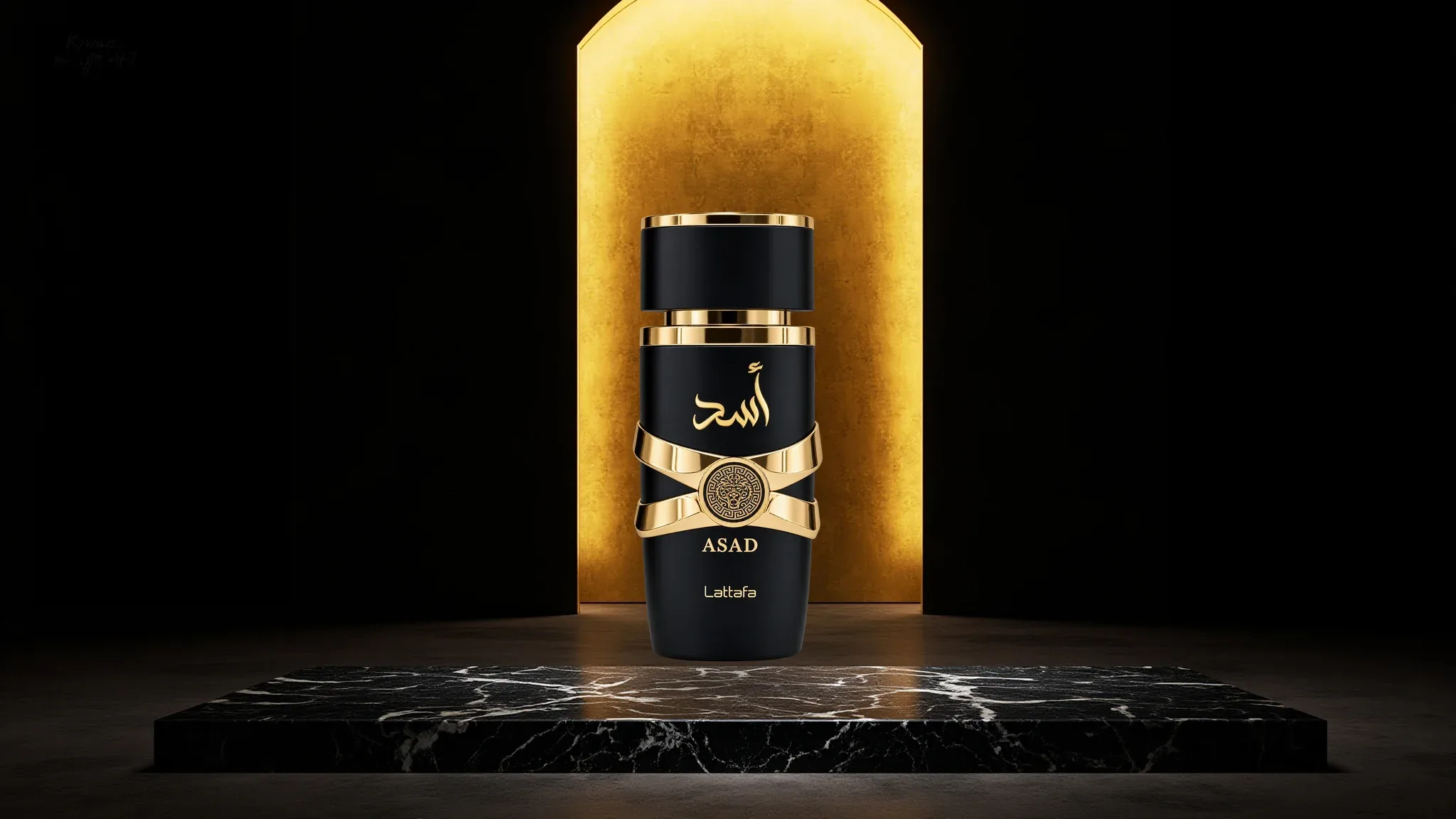 Black and gold Asad perfume on a dark marble display
